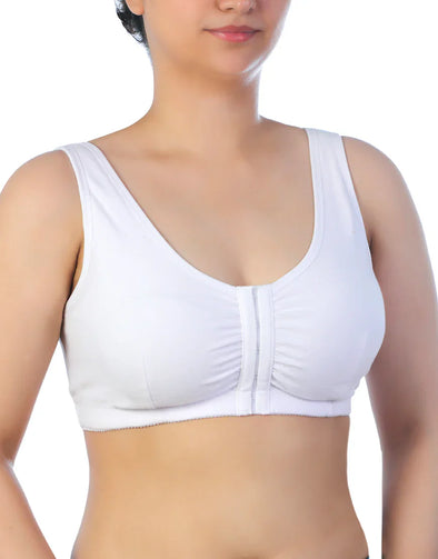 Beautify  COTTON FRONT OPEN SLIP ON POST SURGICAL BRA WITH POCKETS-WHITE
