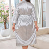 new large-size pajamas women's spring and summer ice silk long nightgown striped bathrobe loungewear 22356